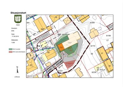 Situasjonskart som viser eiendomsnummer, naboeiendommer, veggrenser og planlagt bebyggelse.