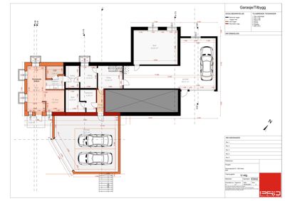 Etasjeplan for en garasje/tilbygg med romfordeling, mål og bilplassering.