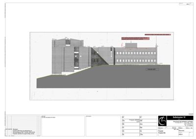 Fasadetegning (Fasade Øst) som viser bygningens utside med detaljer om materialer, høyder og konstruksjon.