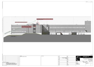 Fasadetegning (opprikk) av en bygning sett fra nord, med detaljer om arkitektur og konstruksjon.