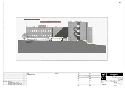 Fasadetegning (opprikk) av bygningen sett fra vest.