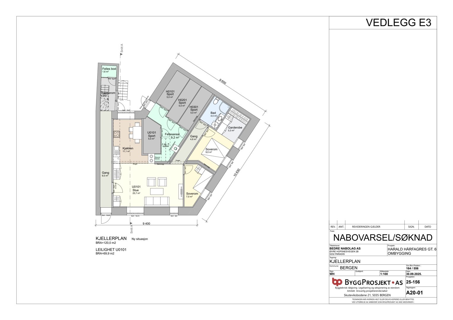 Kjellerplan for leilighet U0101 med romfordeling, dimensjoner og arealoppdelinger.