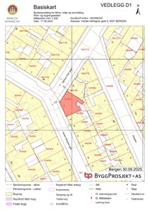 Et basiskart (situasjonskart) som viser eiendomsgrenser, bygninger og infrastruktur i området rundt Harald Hårfagres gate 6 i Bergen.