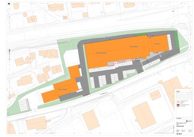 Situasjonsplan som viser bygningenes plassering i forhold til tomtegrenser, veier og nabolag.