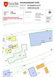 Situasjonskart over eiendommen Per Helgesens vei 97 i Bø kommune, som viser tomtegrenser, naboeiendommer og infrastruktur.