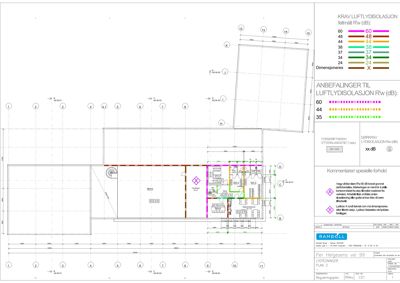 Tegning som viser akustiske krav og anbefalinger for luftlydisolasjon (Rw) i en bygning, med fargekoding og dimensjoneringsdata.