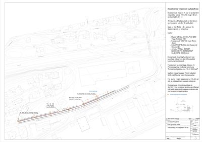 Situasjonsplan som viser plassering av eksisterende og ny vellysmast med kabelforløp i forhold til omgivelsene.