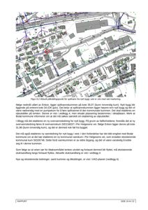 Et kart over et område med infrastruktur (ledninger, kummer) og bygninger, med en markert plassering for et spillvannskum.