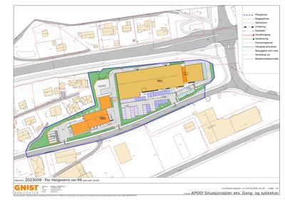 Situasjonsplan som viser bygningens plassering i forhold til tomtegrenser, veier og nabobebyggelse.