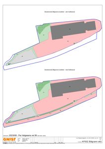 Situasjonsplan som viser to alternativer for eksisterende Blågrønn kvalitet (uten og med trafikkareal) på tomten.