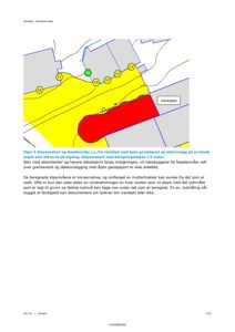 Støysonesituasjonskart som viser beregnede lydnivåer (Lden) fra en verkstedbygning og garasjeport. Kartet illustrerer støysoner (gult og rødt område) i forhold til naboeiendommer.