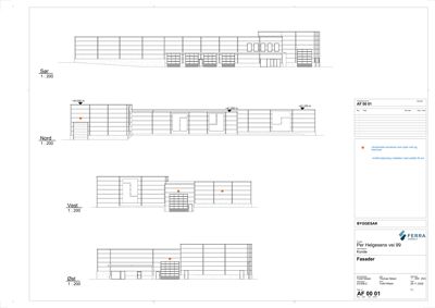 Fasadetegning som viser bygningens utseende fra fire sider (Sør, Nord, Vest, Øst) med skisse av fasadeelementer og høydeangivelser.