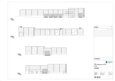 Fasadetegning som viser bygningens utseende fra fire sider (Sør, Nord, Vest og Øst) med detaljer om vinduer, dører og fasadematerialer.