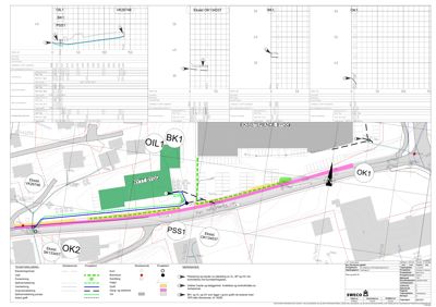 Situasjonsplan som viser eksisterende bygninger, planlagt infrastruktur (grøntbelte, vei) og geotekniske utredninger på tomten.