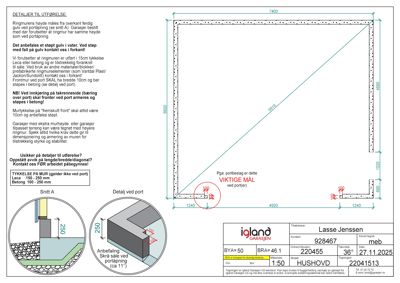 Teknisk detaljtegning som viser snitt (Snitt A) og detaljer ved port for en garasje, inkludert mål og utførelsesanvisninger.