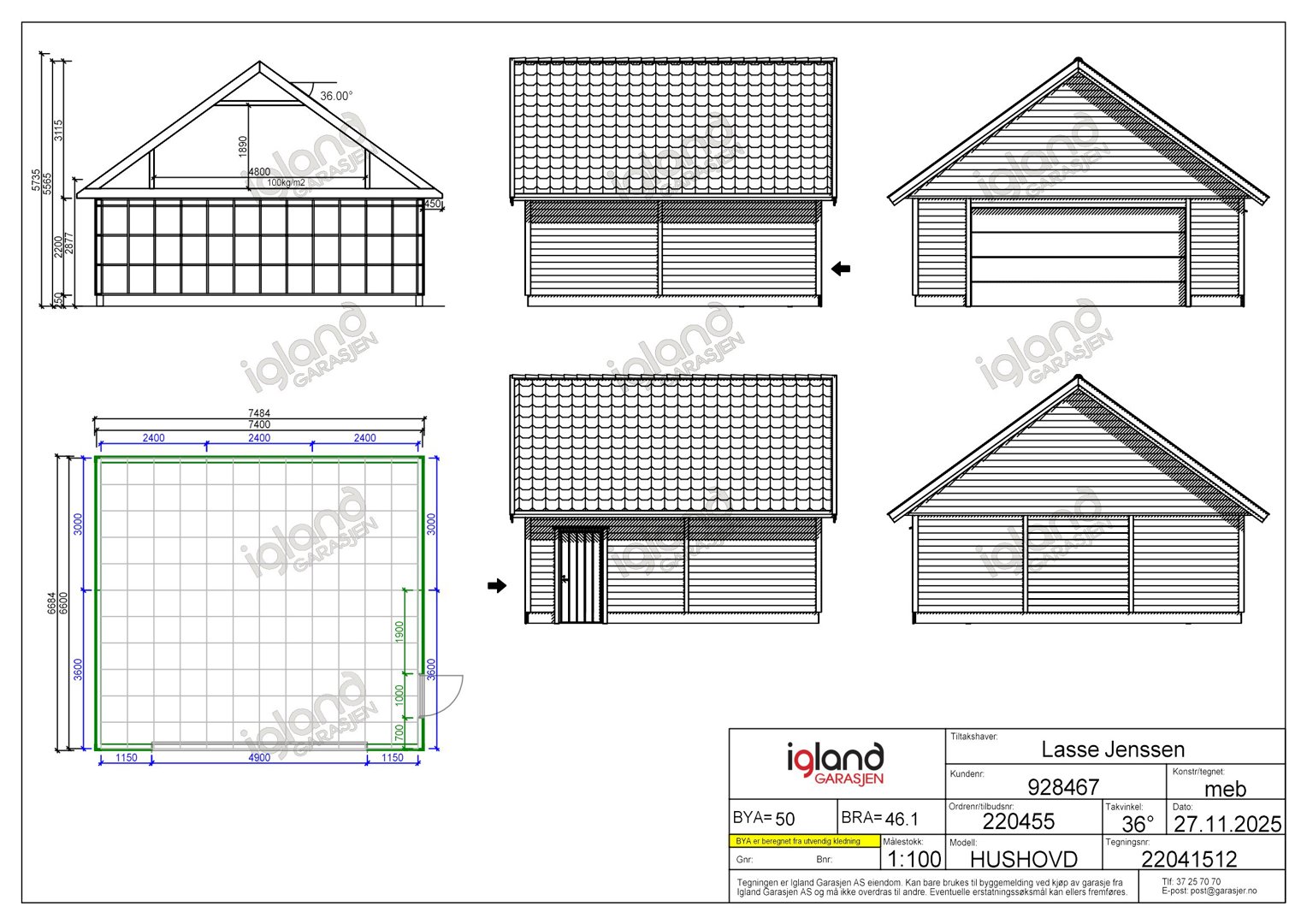 Fasadetegning av en garasje med mål og detaljer