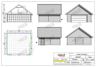 Fasadetegning av en garasje med mål og perspektivvisning