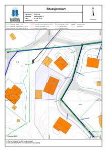 Situasjonskart som viser eiendomsnummer, adresse, naboeiendommer, vegnett og topografi.