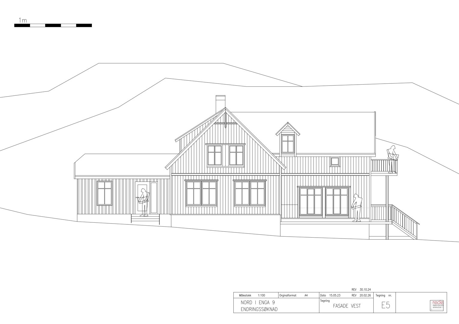 Fasadetegning (opprikk) av en bygning sett fra vest, med omgivende terrenglinjer.