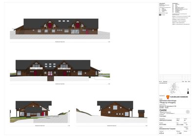 Fasadetegning som viser eksisterende fasader (vest, øst, nord, sør) for en bygning i Hjemmeland.