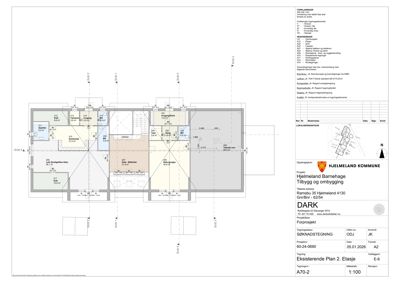 Etasjeplan (Plan 2) for Hjemeland Barnehage som viser romfordeling, dører, vinduer og dimensjoner.