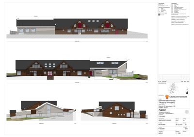 Fasadetegning som viser bygningens utseende fra fire ulike vinkler (Fasade VØR, Fasade SØR, Fasade VEST, Fasade ØST).