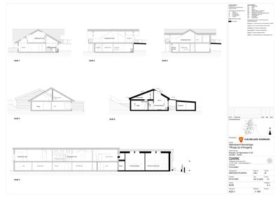 Snittegning (Snitt 1-6) som viser bygningens tverrsnitt, romfordeling og konstruksjon.