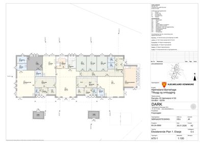 Etasjeplan (eksisterende plan 1. etasje) for Hjelmeland Barnehage som viser romfordeling, arealer og funksjoner.