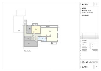 Plantegning av kjelleretasje (Plan kjeller) med romfordeling, mål og arealoppdelinger.