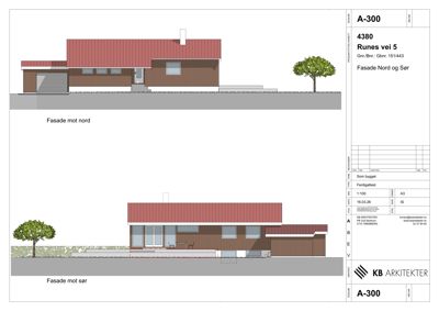 Fasadetegning som viser bygningens utseende fra nord og sør.