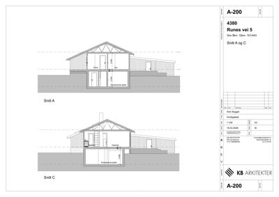 Tegning som viser tverrsnitt gjennom bygningen (Snitt A og C) med høydemål og romfordeling.