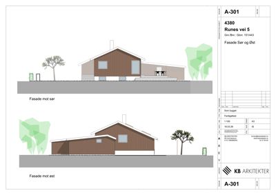 Fasadetegning som viser bygningens utseende fra sør og øst.