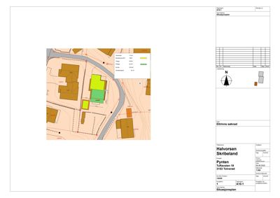Situasjonsplan som viser tomtens beliggenhet i forhold til nabolag, veier og høydeforhold.