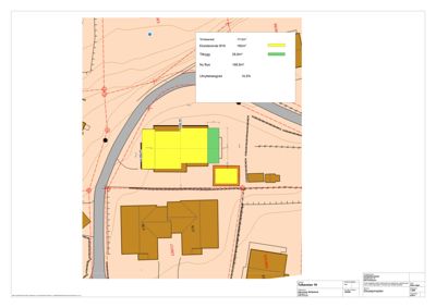 Situasjonsplan som viser tomtens areal, eksisterende bebyggelse (BYA), tilbygg og ny bygningsmasse med tilhørende dimensjoner og utnyttelsesgrad.