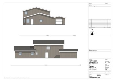 Tegning som viser fasadeoppsett for bygningen sett fra nord og vest.