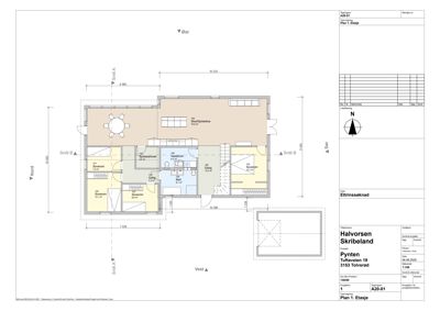 Etasjeplan (1. etasje) for en bolig i Tufteveien 19, som viser romfordeling, mål og orientering.