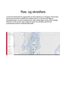 Et kart fra NV (Norges vassdrags- og energidirektorat) som viser et område med kartlagte fareområder for ras og skred. Et grønt rektangel markerer en tomt eller et tiltak.