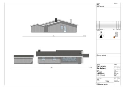 Fasadetegning som viser bygningens utseende sett fra sør og øst.