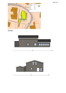 Bildet viser en fasadetegning (opprikk) av en bygning sett fra fronten, samt en situasjonsplan øverst på siden.