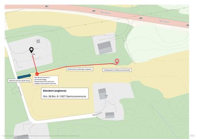 Situasjonsplan som viser eiendomsgrenser, veier, eksisterende og planlagt bebyggelse, samt tilslutning til avløpssystem.