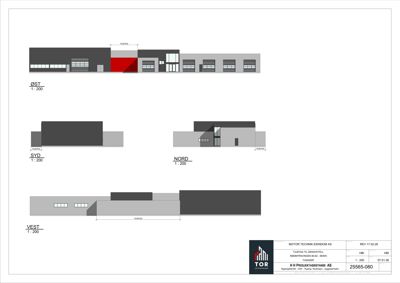 Fasadetegning som viser bygningens utseende fra fire sider (Øst, Syd, Nord, Vest) med mål og skala.