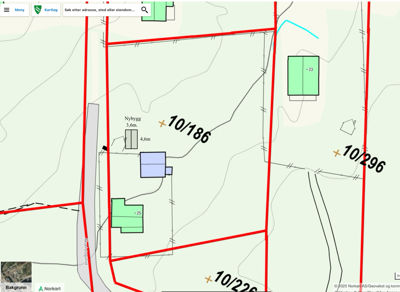 Situasjonsplan som viser eiendomsgrenser, høydemålinger (Høydekurver), og plassering av bygninger på tomta.