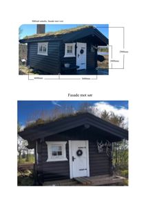 To bilder av en eksisterende bygning (målsatt anneks) med mål på fasaden.