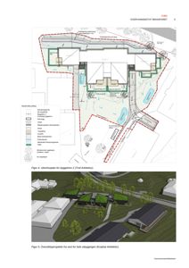 Bildet viser en situasjonsplan (Figur 4) og et oversiktsperspektiv (Figur 5) for en utbygging. Figur 4 er en teknisk tegning som viser tomtens form, eksisterende og nye bygninger, vegsystemer og vegetasjon. Figur 5 er en 3D-visualisering som viser hvordan bygningene og landskapet ser ut sett fra et visst perspektiv.