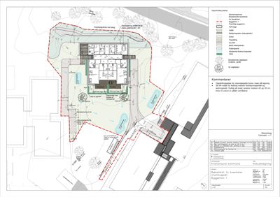 Situasjonsplan som viser bygningens plassering på tomten, omgivelser, vegger, og planlagt beplantning.
