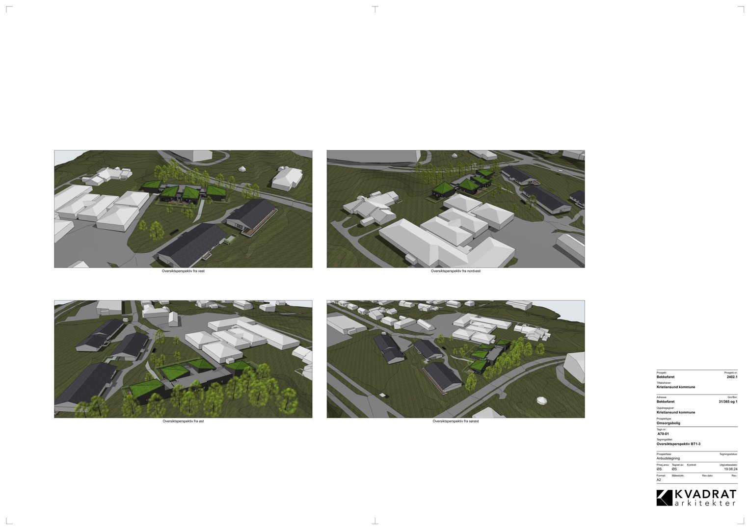 Bildet viser fire ulike 3D-visualiseringer (renderinger) av et utviklingsprosjekt sett fra ulike vinkler (vest, nordvest, øst og sørøst).