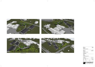 Bildet viser fire ulike 3D-visualiseringer (renderinger) av et utviklingsprosjekt sett fra ulike vinkler (vest, nordvest, øst og sørøst).