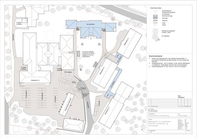 Situasjonsplan som viser tomtens oppdeling, eksisterende og nye bygninger (beboerleiet), parkeringsplasser og vegsystem.