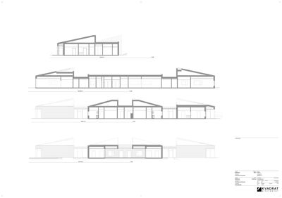 Fasadetegning som viser bygningens utseende fra fire ulike vinkler (sør, vest, nord og øst).