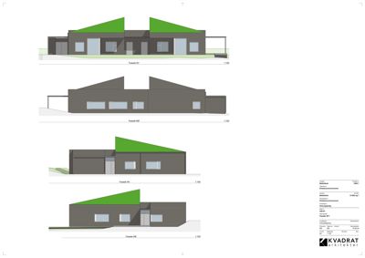 Fasadetegninger som viser bygningens utseende fra fire ulike vinkler (SØ, NØ, N, S).